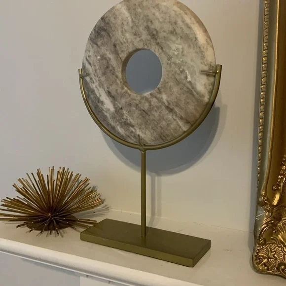 Marble Disc Decorative Object - gold metal base shelf decoration MCM elegant - Picture 4 of 11